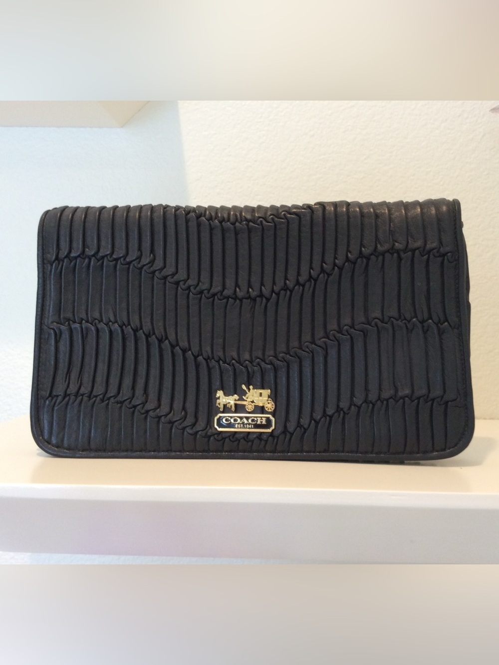 Black Coach Clutch - Ruched Leather with Gold Coach Emblem